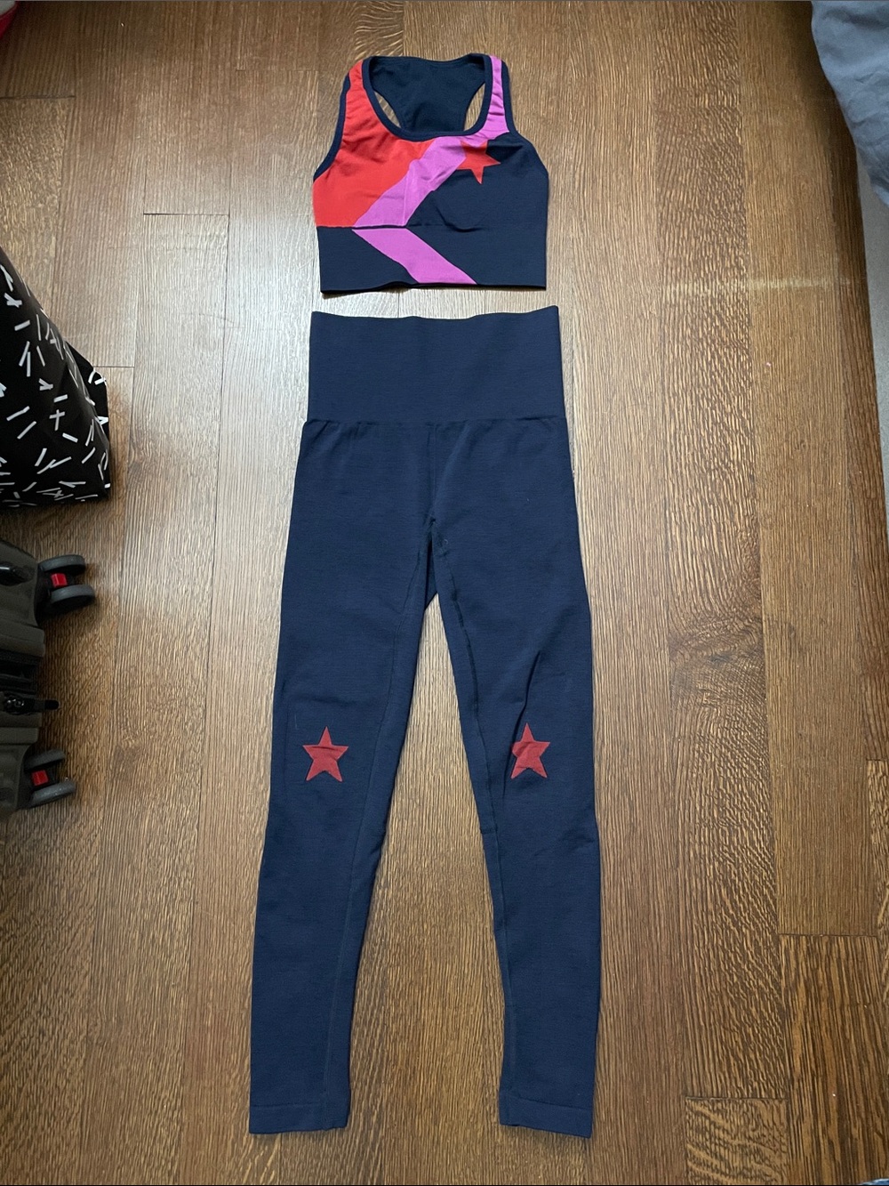 LNDR Navy Sports Bra and Leggings Set with Pink and Red Accent and Star Design